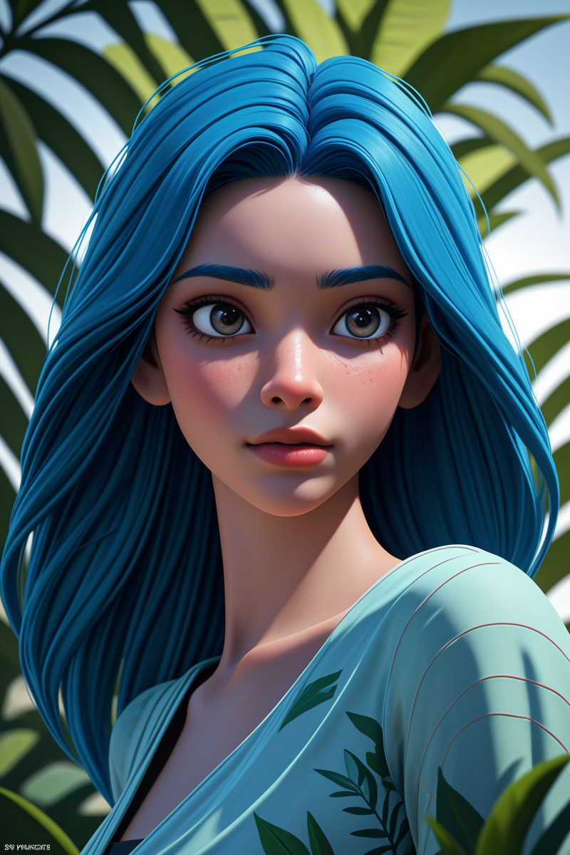 31072469-3889919805-fashion photography portrait of indian girl with blue hair, in lush jungle with flowers, 3d render, cgi, symetrical, octane rend.png